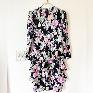 Vintage 80s Maggy London Black Floral Tiered Ruffle Silk Dress 10